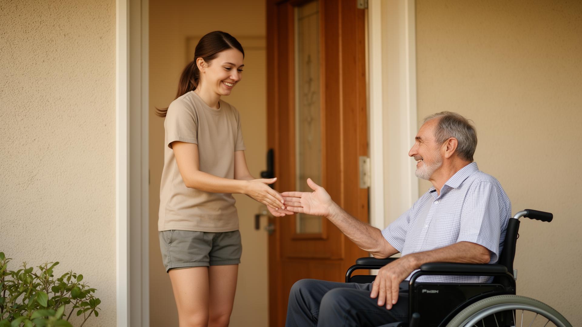 A delighted elderly lady being greeted by a friendly cleaner at her front door