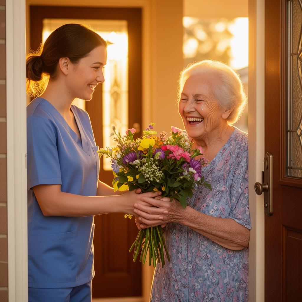 An elderly woman receiving flowers from a caring cleaner at her door, beaming with happiness